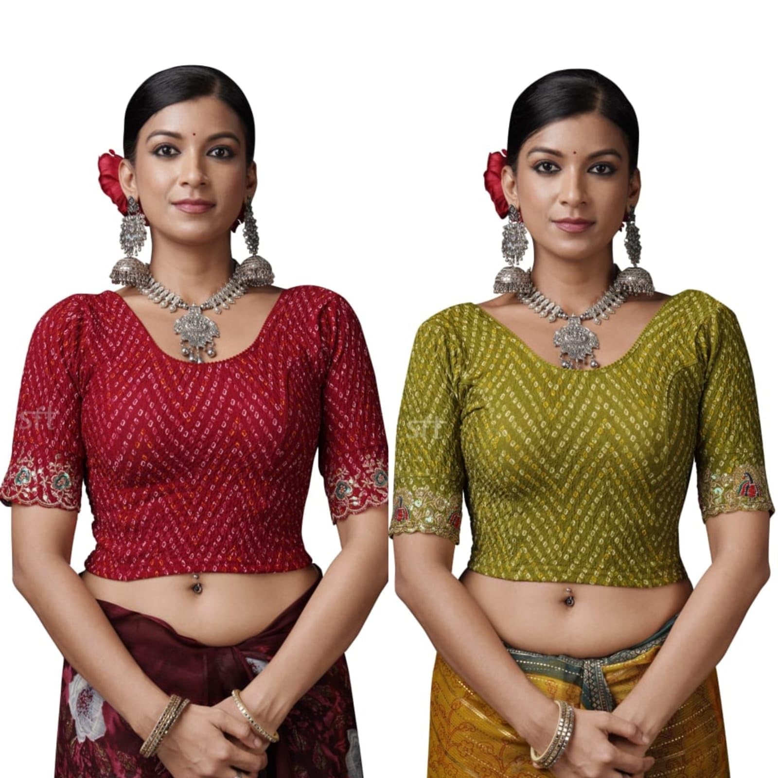 MAHESHWARI Boutique Women's Bandhani Print Saree Blouse with Embroidered Sleeves, Red and Mehndi, (Pack of 2)-picture-15
