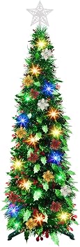 Uieke 5 FT Pop Up Christmas Tree with Timer & 60 LED Colorful Lights - Battery Operated Green Tinsel Skinny Christmas Tree, Collapsible Artificial Pencil Tree Holiday Decoration for Home, Party