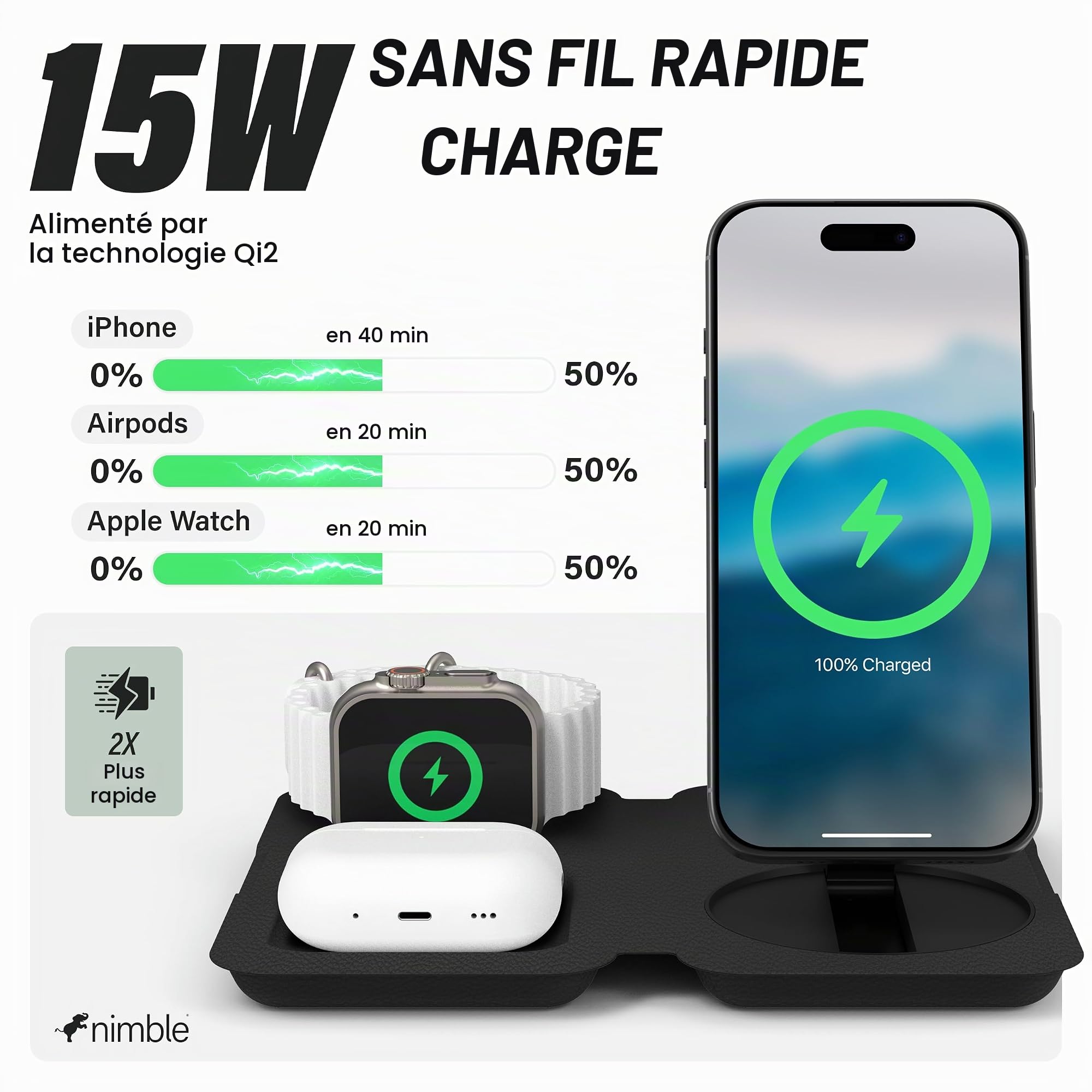 Nimble Station de charge sans fil pliable 3 en 1 pour iPhone et AirPods, support de charge Qi2 15 W compatible MagSafe, station de charge sans fil pour iPhone 17/16/15/14/13/12 (adaptateur 36 W et
