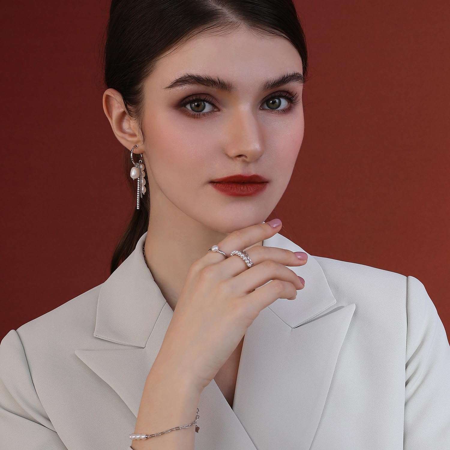 Meissa Silver Hoop Earrings for Women Pearl Long Earrings Chain Earrings Freshwater Pearl Earrings Christmas Birthday Anniversary Jewelry Gifts