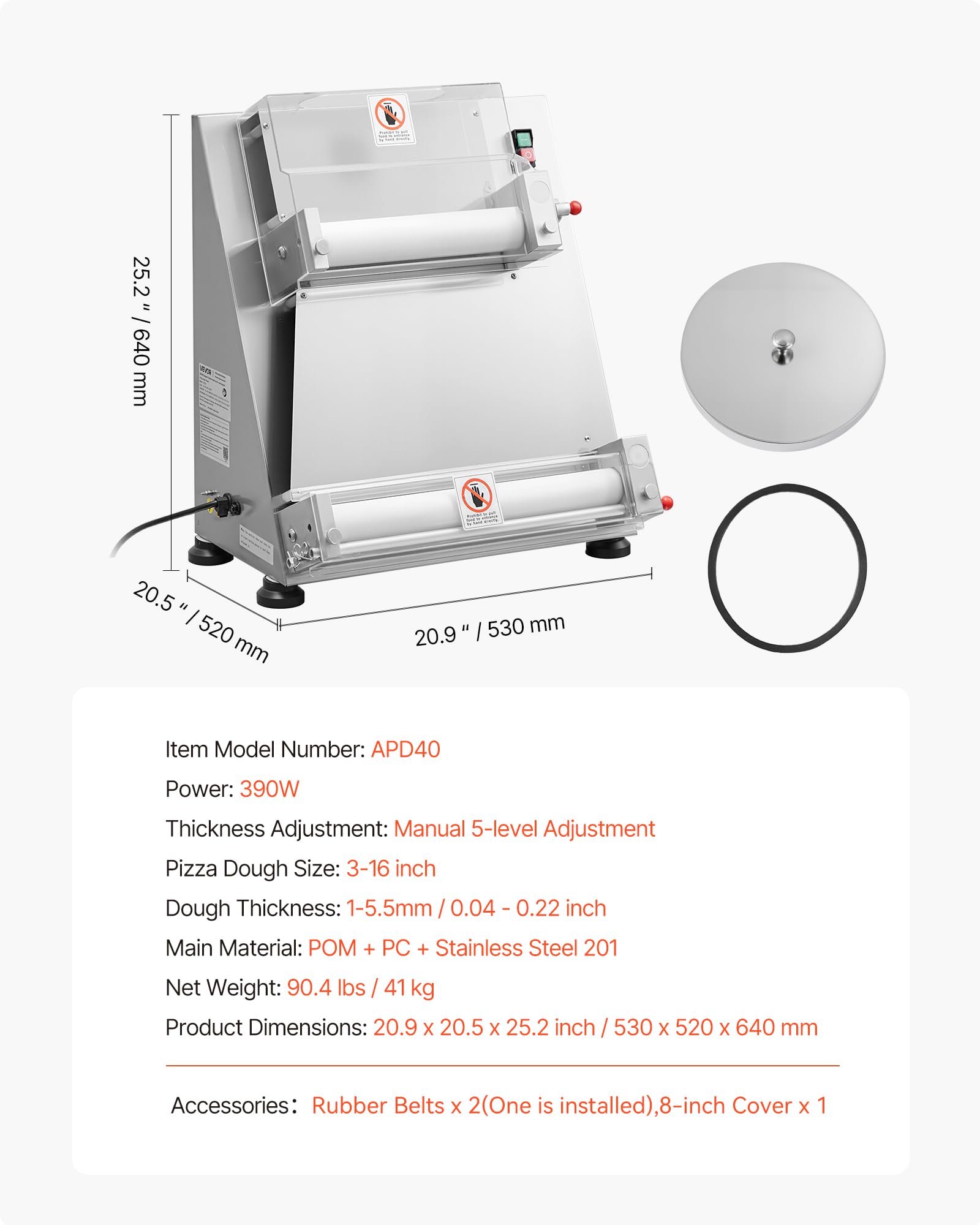 VEVOR Formeuse à pizzas 7,6-40,6 cm, presse à pâte électrique commerciale 390 W, 260 feuilles par heure, laminoir à pâte à pizza semi-automatique en acier inoxydable, épaisseur réglable avec couvercle