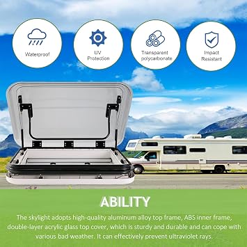RV Skylight Replacement, Caravan Motorhome Roof Vent Hatch with LED Light, 70° Wide-angle, RV Skylight for Camper Trailer Fifth Wheel Truck, Use Body Thickness: 25-60MM,80 * 50cm