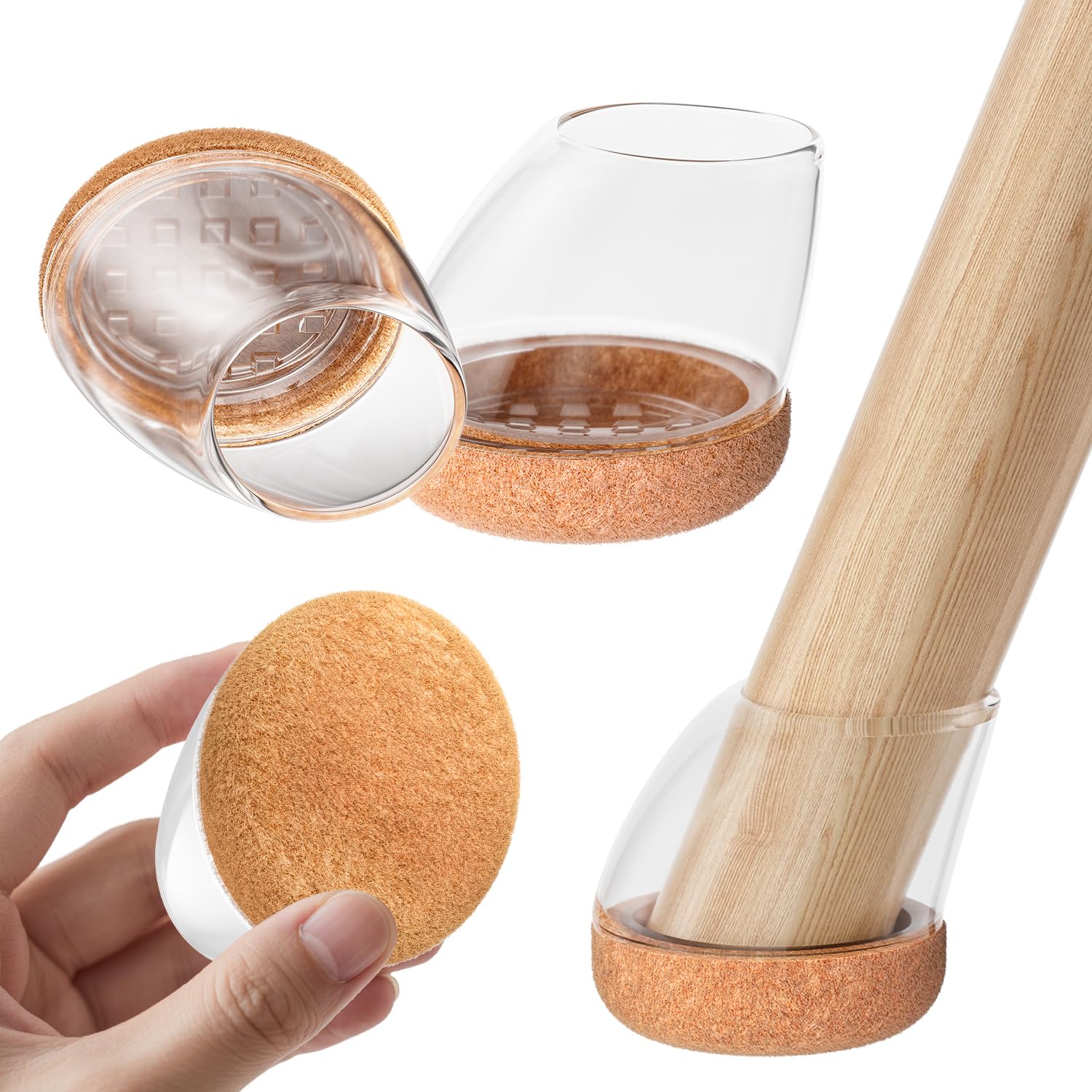 RCHYFEED 24 Stück Stuhlbeinkappen, Silikon Schutzkappen für Stuhlbeine, Transparente Rund mit Braun Filz für 15°-25°schräge Stuhlbeine, Stühle für Verschleißfeste Stuhlbeinschoner (M Fit:20-26mm)