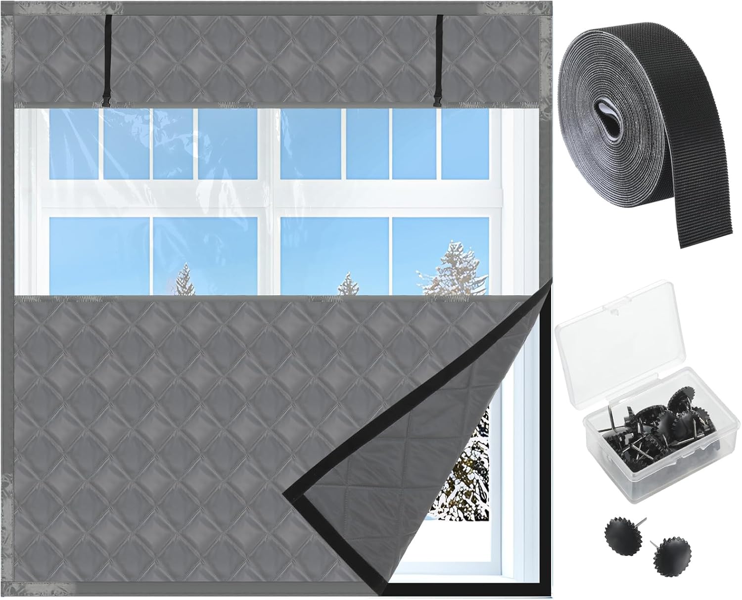 Beeveer 75 x 79 Inch Visible Thermal Window Insulation kit for Winter Reusable Oxford Cloth Cotton Layer Thermal Window Cover for Winterizing Thicken Warm Winter Waterproof Attic Insulation Cover