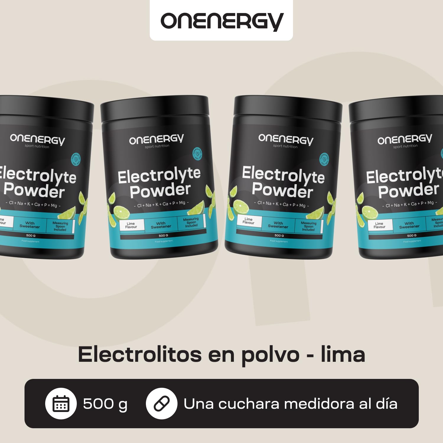 Electrolitos en polvo - Lima - 500 g - 142 dosis - Mezcla de 6 minerales - Hidratación - Apoyo muscular y nervioso - Con cuchara dosificadora - Para casi 5 meses