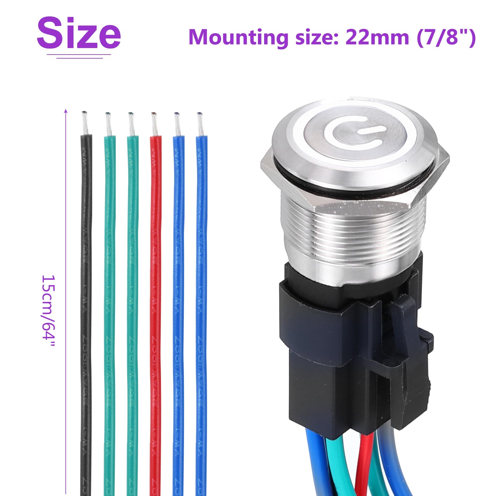 DMiotech 7/8 Inch Stainless Steel Momentary Push Button Switch Flat Head 15A 12-24V Silver Shell 6 Pin with Cable Socket White Ring LED 1NO1NC for Car Boat Systems Custom Setups - Image 4