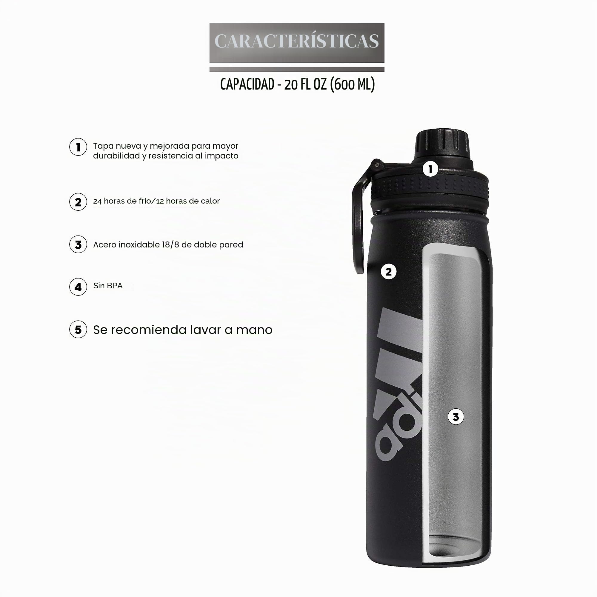 adidas Botella de agua de metal de 600 ml, acero inoxidable 18/8 aislado de doble pared para caliente/frío, negro/plateado metálico, talla única, 591 ml