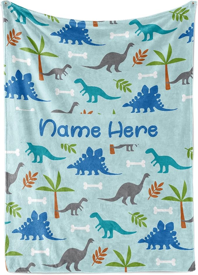 Personalized CornerLight Blue Dinosaur Fleece Blanket