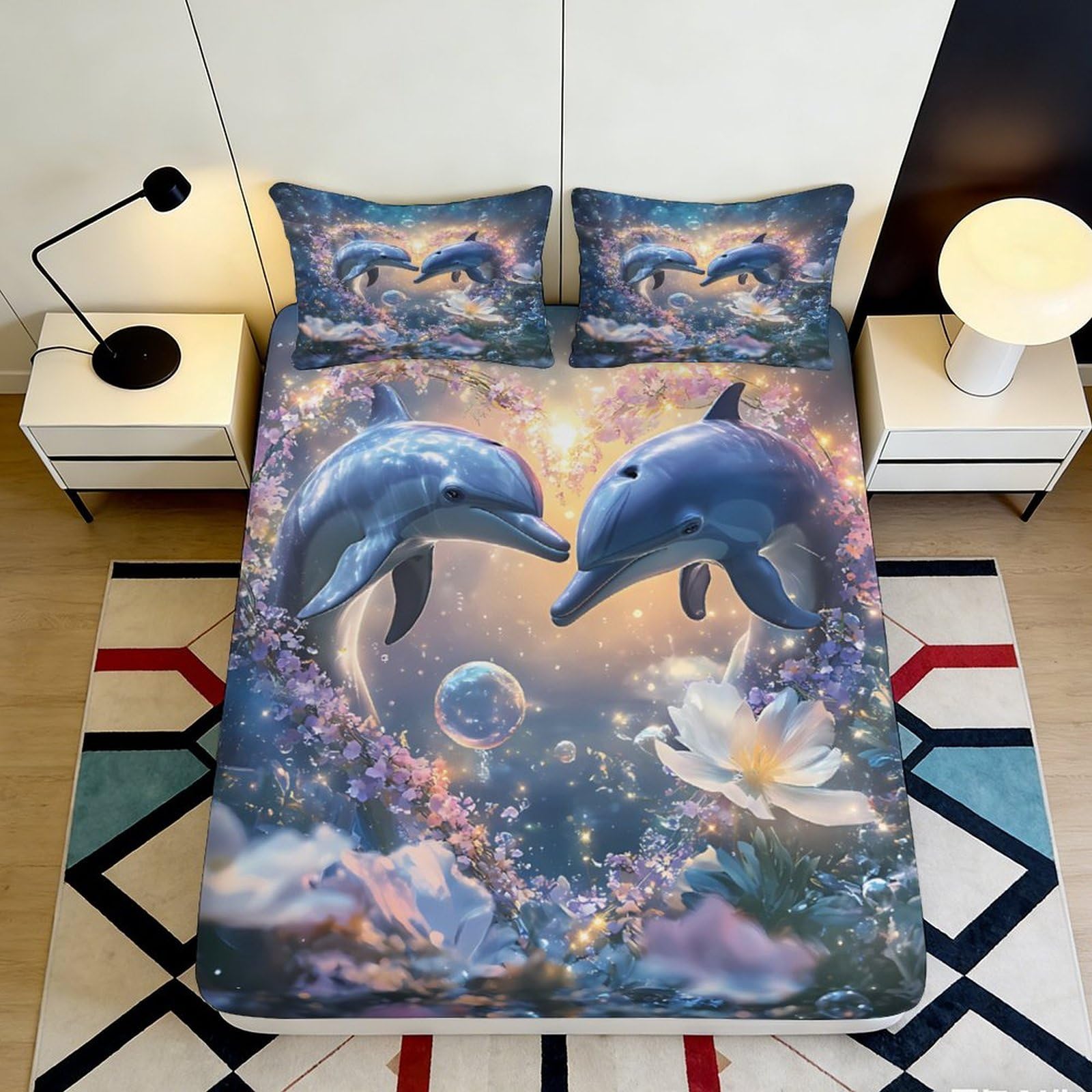 3D Printed Dolphin Ocean Fitted Sheet Microfiber Soft Anti-Slip Mattress Cover Bedroom Decor Machine Washable 90x200x25cm