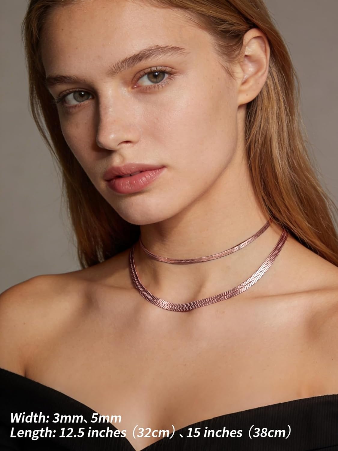 FindChic Herringbone Choker Necklace for Women, Black/Stainless Steel/14K Gold/Rose Gold Plated Adjustable Flat Snake Chain Necklaces, 3/5MM Width 12.5/15/18 Inches, with Jewelry Gift Box - Image 2