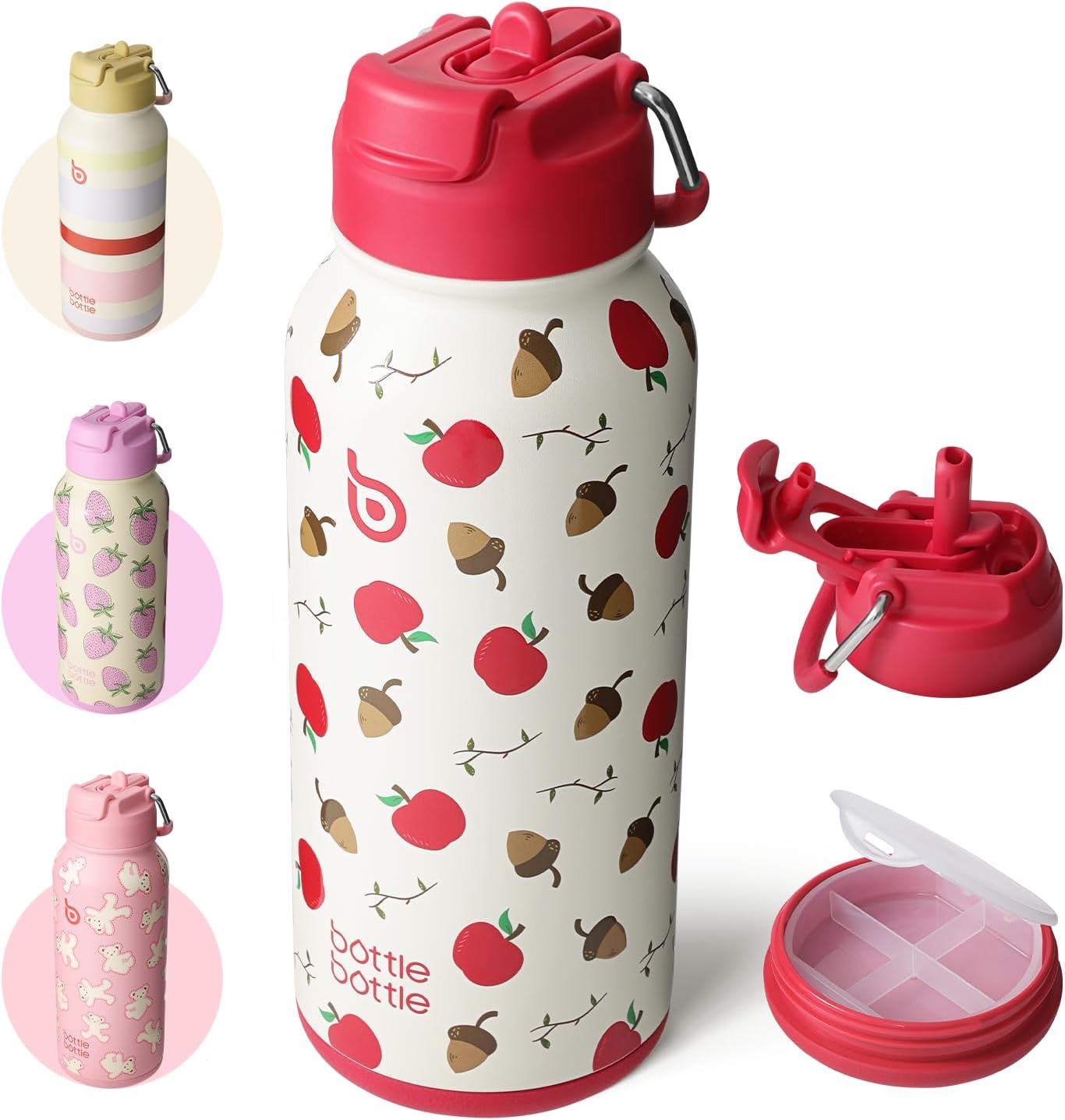 BOTTLE BOTTLE Insulated Water Bottle 950ml(32oz) Stainless Steel Sports Water Bottles with Straw Dual-use Lid Drink Flask Design for Gym with Pill Box (berry)