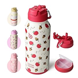 BOTTLE BOTTLE 32oz Insulated Water Bottle Stainless Steel Sport Water Bottle with Straw Dual-use Lid Design for Gym with Pill Box (Berry)