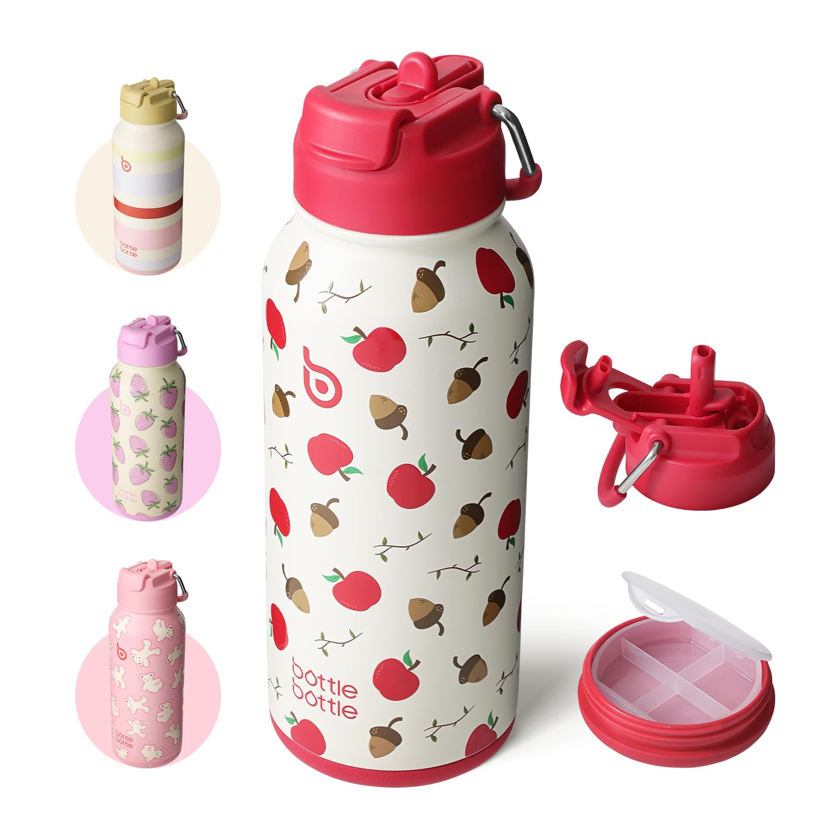 BOTTLE BOTTLE Edelstahl Trinkflasche 1L mit Strohhalm – Auslaufsichere Isolierflasche für Sport & Fitnessstudio, mit Pillenfach, BPA-frei, doppelwandig (Beere)