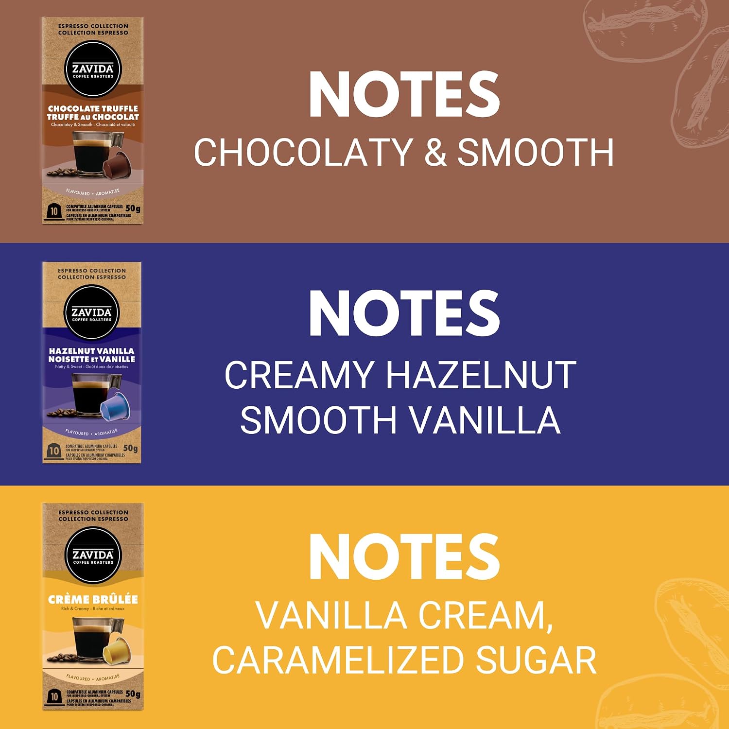 Zavida Flavored Espresso Single Serve Capsule Variety Pack, Hazelnut Vanilla, Creme Brulee & Chocolate Truffle, 5 g, 6 x 10 pack, (60 count)