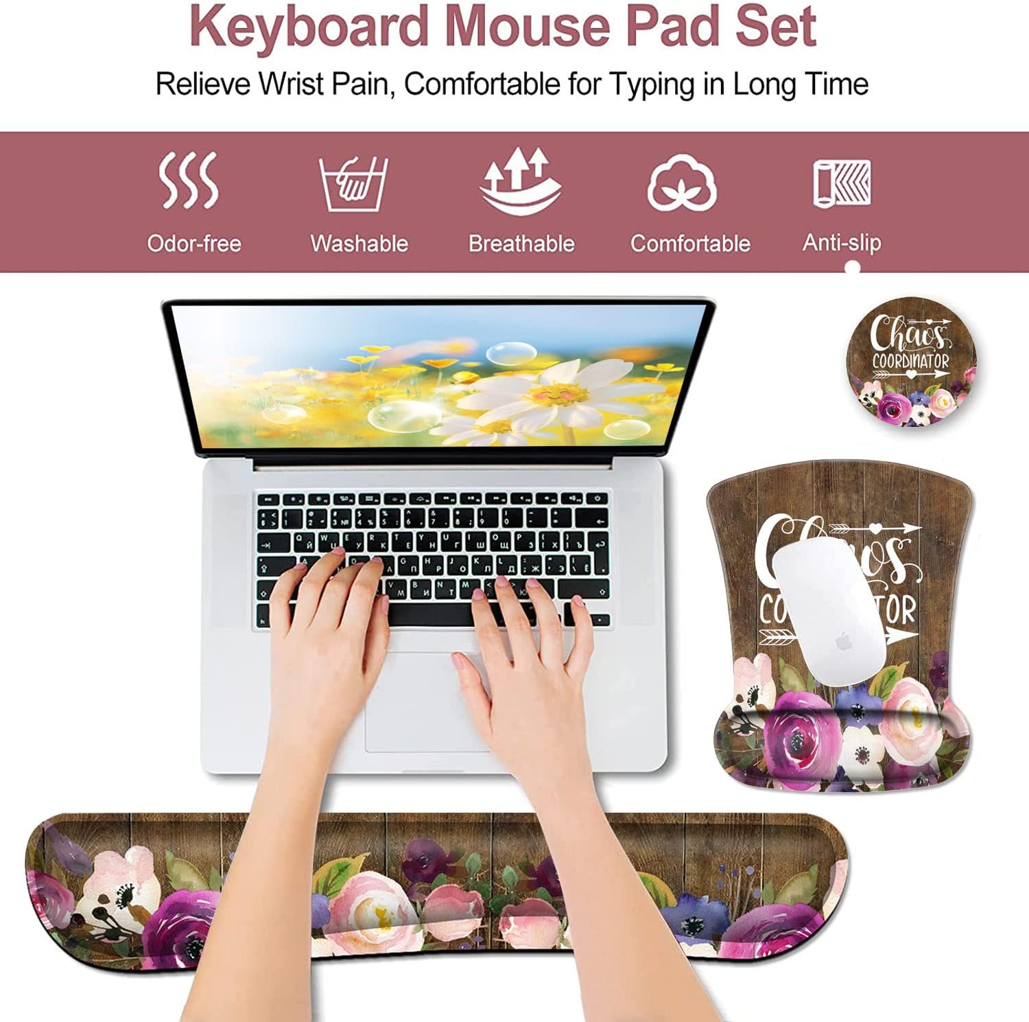 Mouse Pad Wrist Guard and Keyboard Wrist Rest,Office Desk Accessories, Chaos Coordinator Quotes Vintage Watercolor Floral Mouse Pad, Office Decor for Women, Office Gifts, Desk Decor
