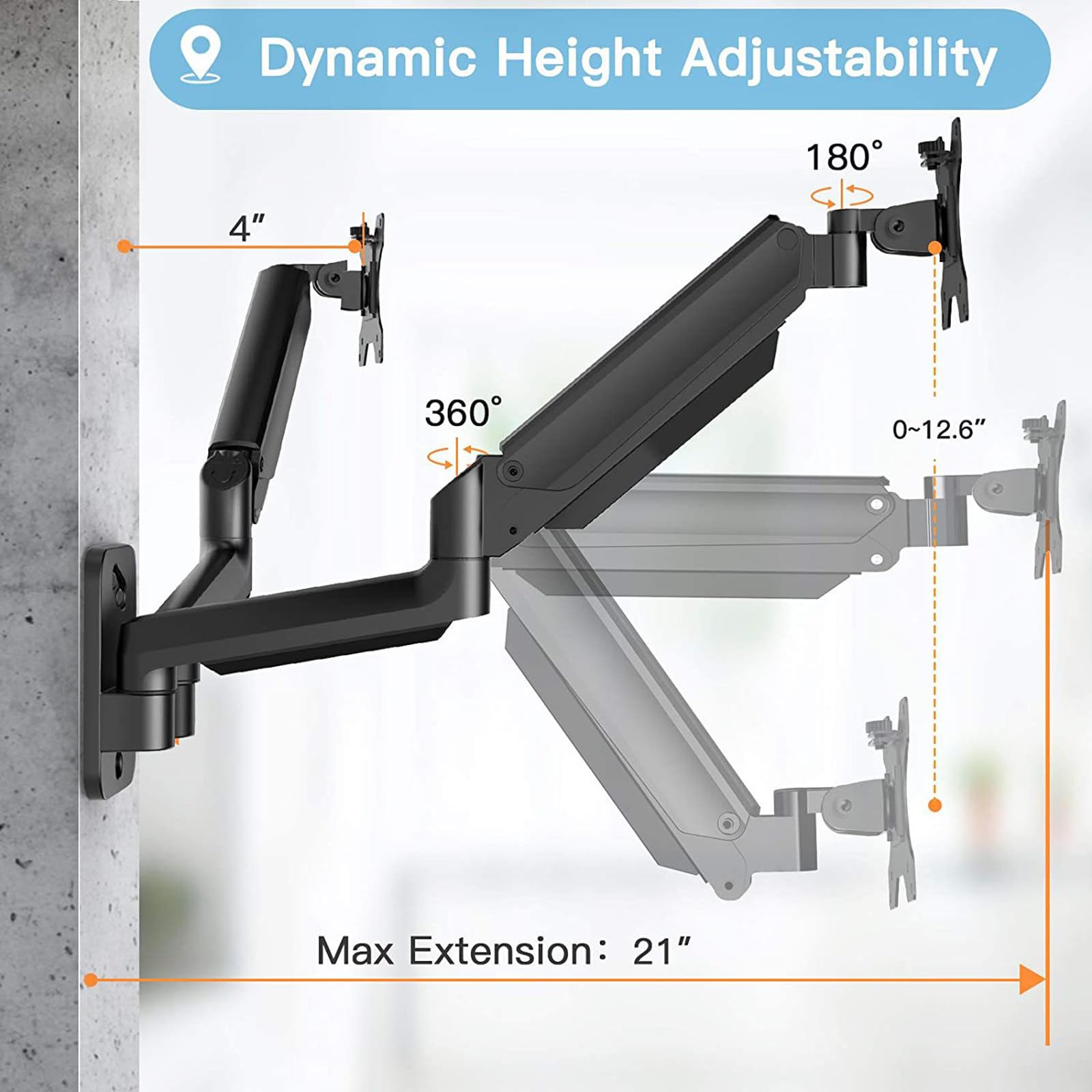 Soporte De Pared Para Dos Monitores, Con Brazos Ajustables, Para Monitores De 17-27″ (Capacidad De Carga De 17,6lb Por Brazo), VESA 75/100mm, Para Oficinas En Casa Y Configuraciones De Juegos
