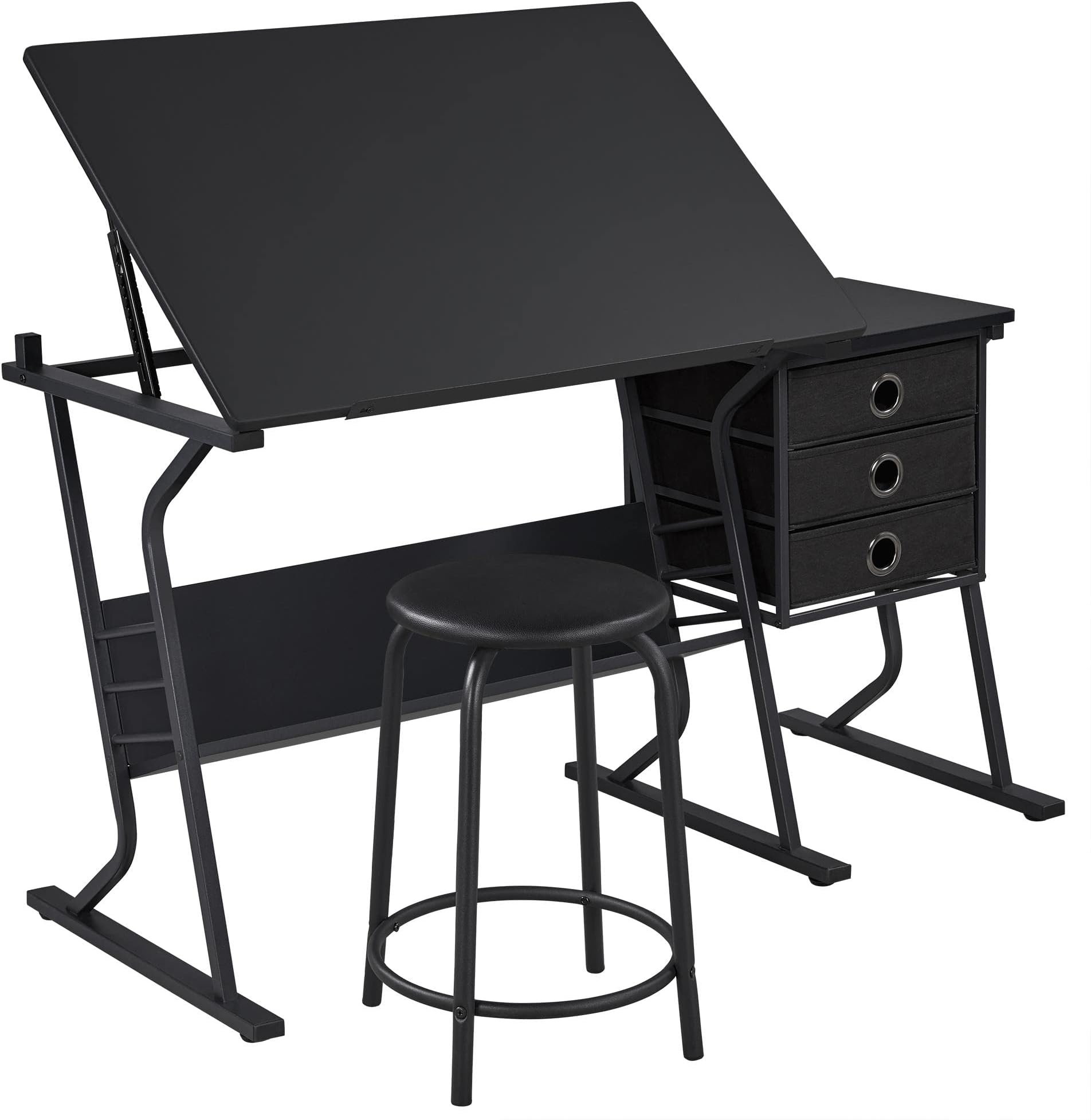 Yaheetech Tilting Drafting Table Art Craft Desk with Stool, Drawers, Black | Steel frame and MDF top adjusts 0-40ยฐ for drawing or diamond painting; 3 drawers and shelf organize supplies in small spaces.