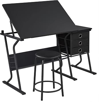 Yaheetech Tilting Drafting Table Art Craft Desk with Stool, Drawers, Black