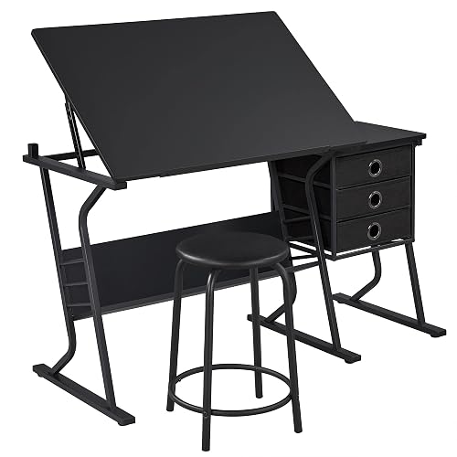 Yaheetech Tilting Drafting Table Art Craft Desk with Stool, Drawers, Black | Steel frame and MDF top adjusts 0-40° for drawing or diamond painting; 3 drawers and shelf organize supplies in small spaces.