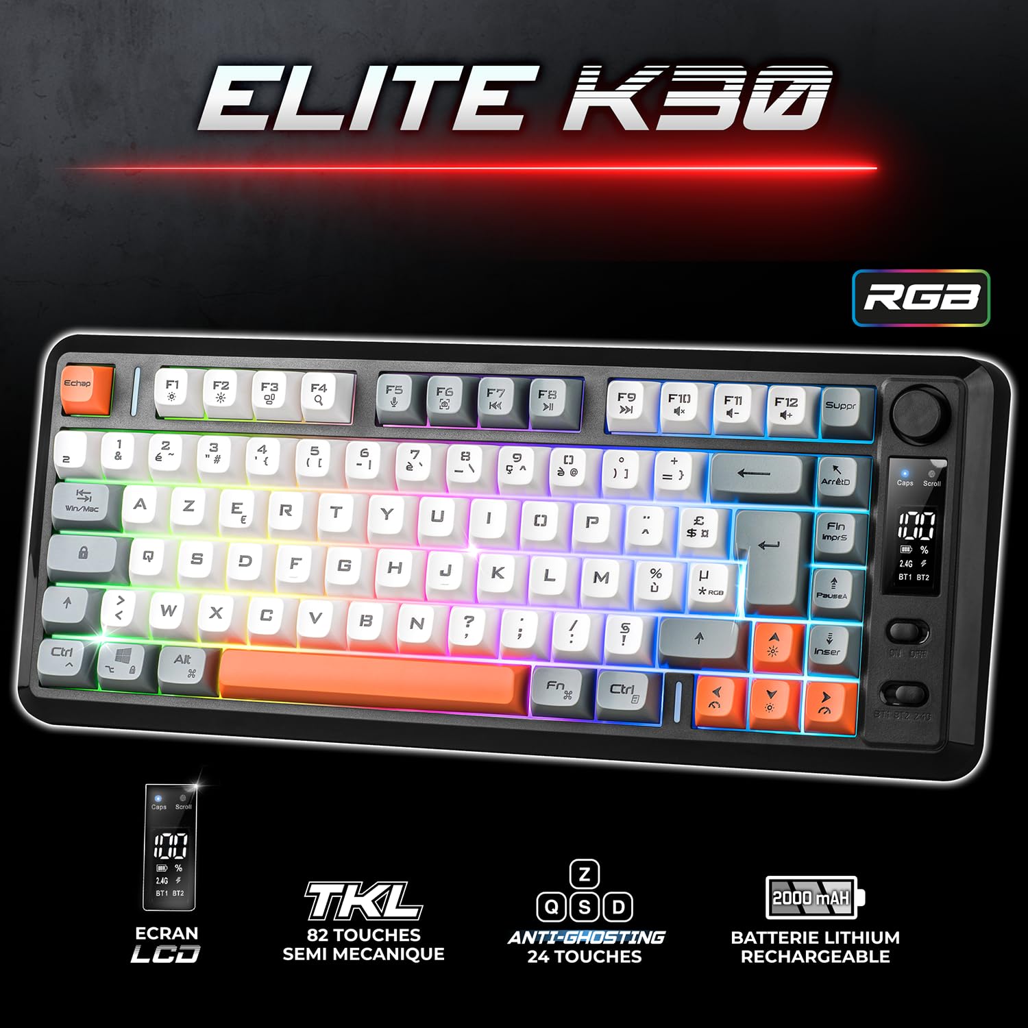 Spirit Of Gamer - Elite K30, Clavier Gamer TKL sans Fil AZERTY, Double Connexion Bluetooth & RF 2,4 GHz, Touches Semi-Mécanique Dont 24 Antighosting, RGB 6 Modes, Écran LCD, 190h Autonomie
