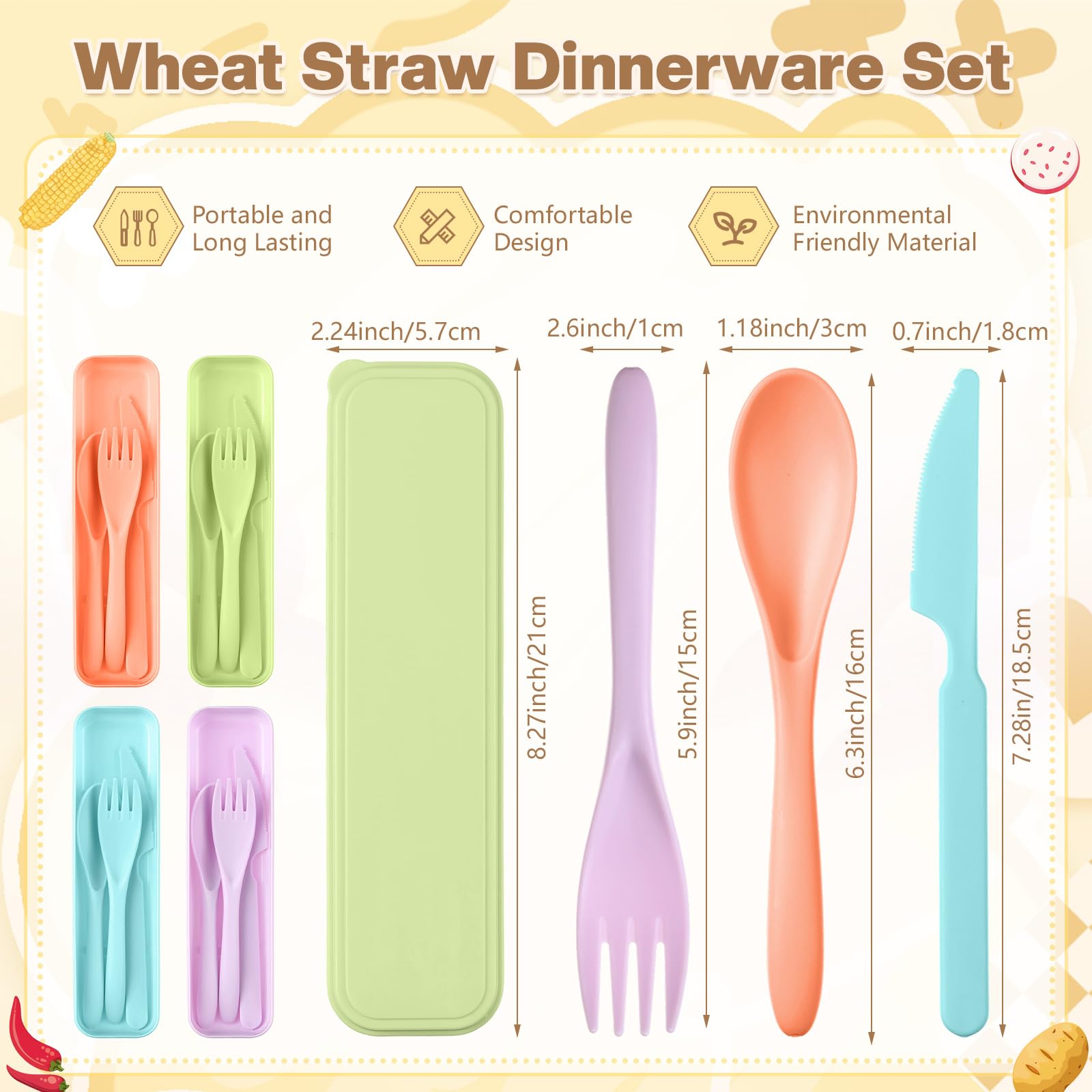 Jinei Reusable Travel Utensils Set Wheat Straw with Case,Macaron Color — Amazon image 2