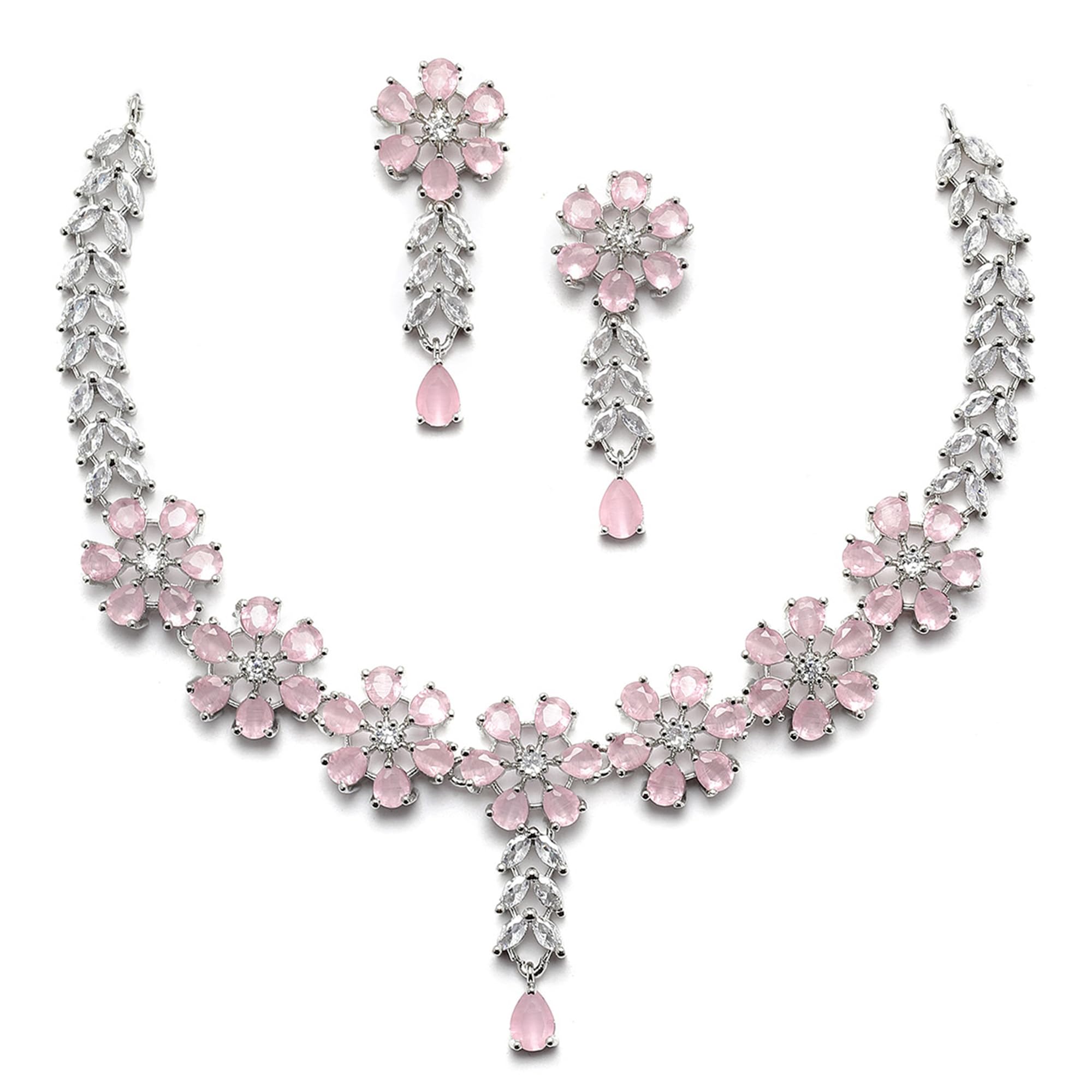 Rhodium-Plated Silver Toned Star Shaped American Diamond Studded Necklace Earrings Jewellery Set for Girls and Women-image-4