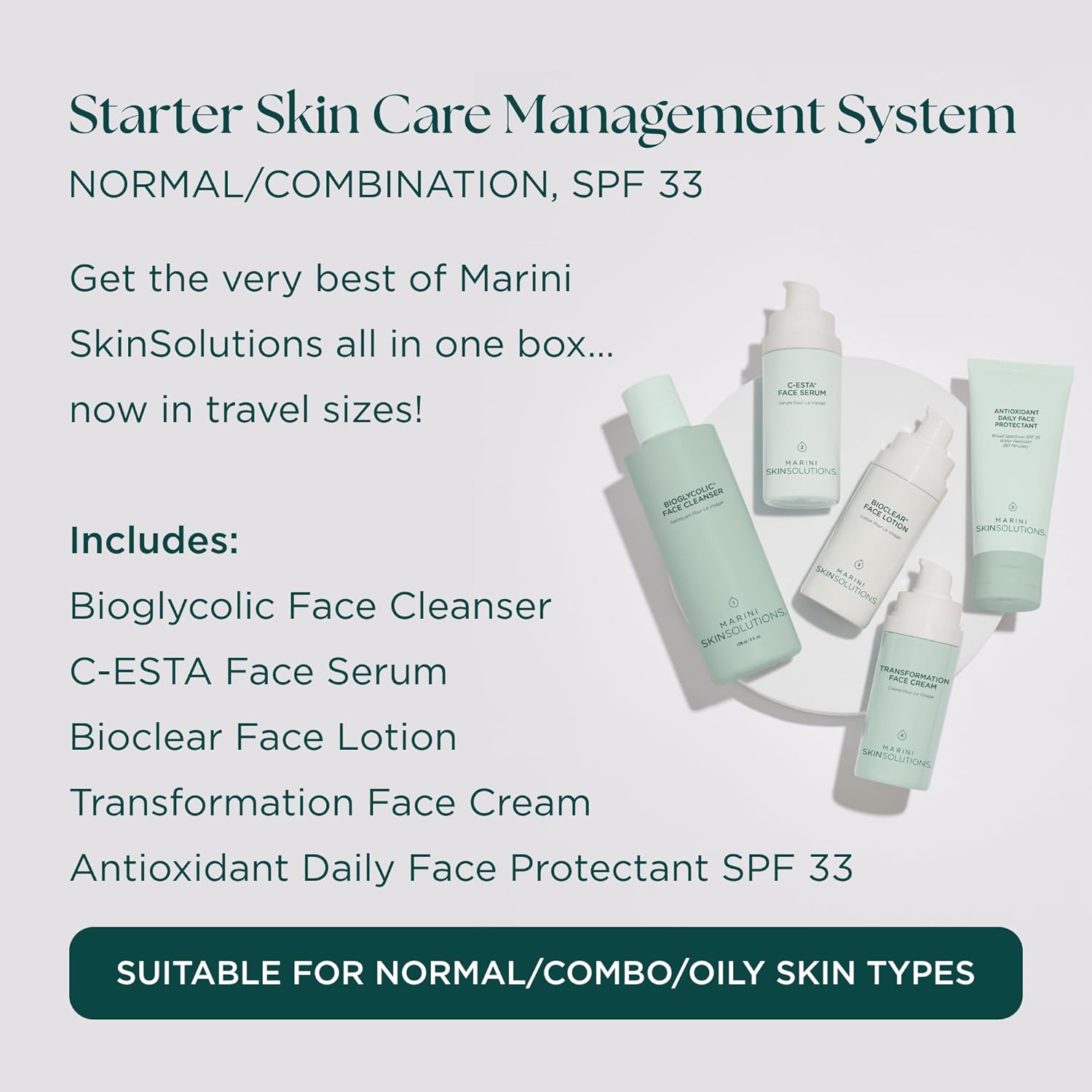Marini SkinSolutions Travel Size Starter Skin Care Management System, Normal to Combination Skin with Antioxidant Daily Face Protectant SPF 33 - Cruelty Free - Made in the USA - Image 2