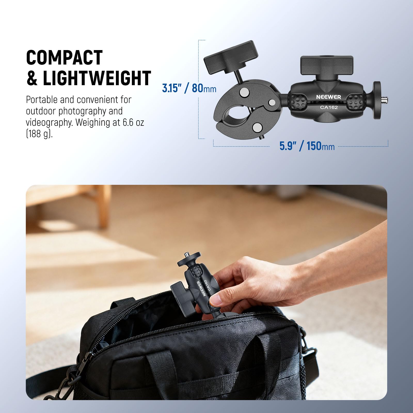 NEEWER Super Clamp Action Camera Mount con 360° Rótulas Dobles, Bici/Bicicleta/Motocicleta Soporte Manillar Compatible con iPhone Insta360 dji OSMO Action GoPro Hero para POV Grabación Vídeo, CA162