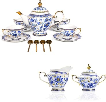 ACMLIFE Bone China Tea Set for 4 Adults, with Sugar and Creamer Set for Coffee Bar, Vintage Floral Sets for Women Tea Party or Gift Giving