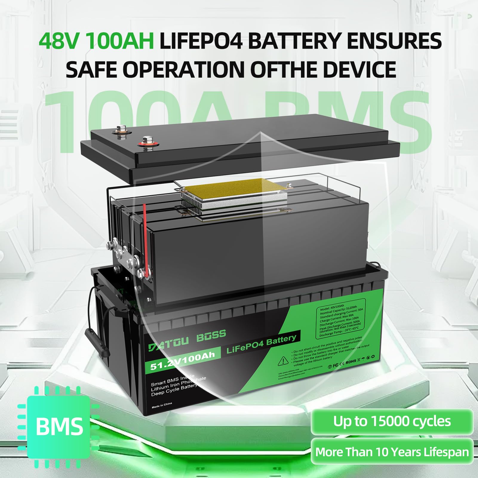 DATOUBOSS Batteria LiFePO4 da 48V 100Ah batteria al litio da 5120Wh con migliorata 100A BMS, 5000-15000 cicli di profondità, supporto in serie/circuito parallelo, per camper, pannello solare, marino