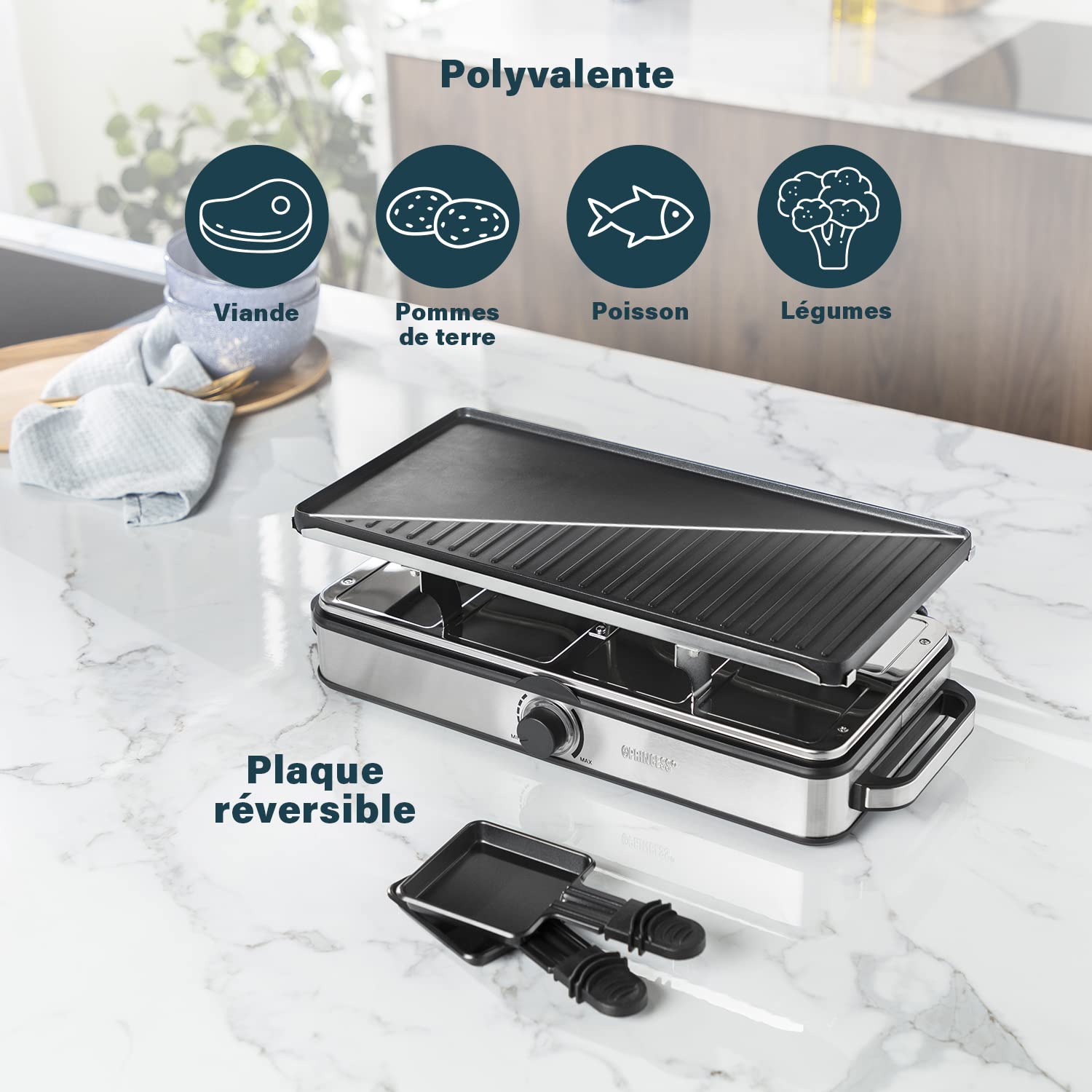 Princess Appareil à Raclette Deluxe, Pour 8 Personnes, Plaque Réversible Grill et Pierre à Cuire 42 x 21 cm, Thermostat Intégré, Finition Inox Facile à Nettoyer, 1400 W, Noir, 01.162645.01.001