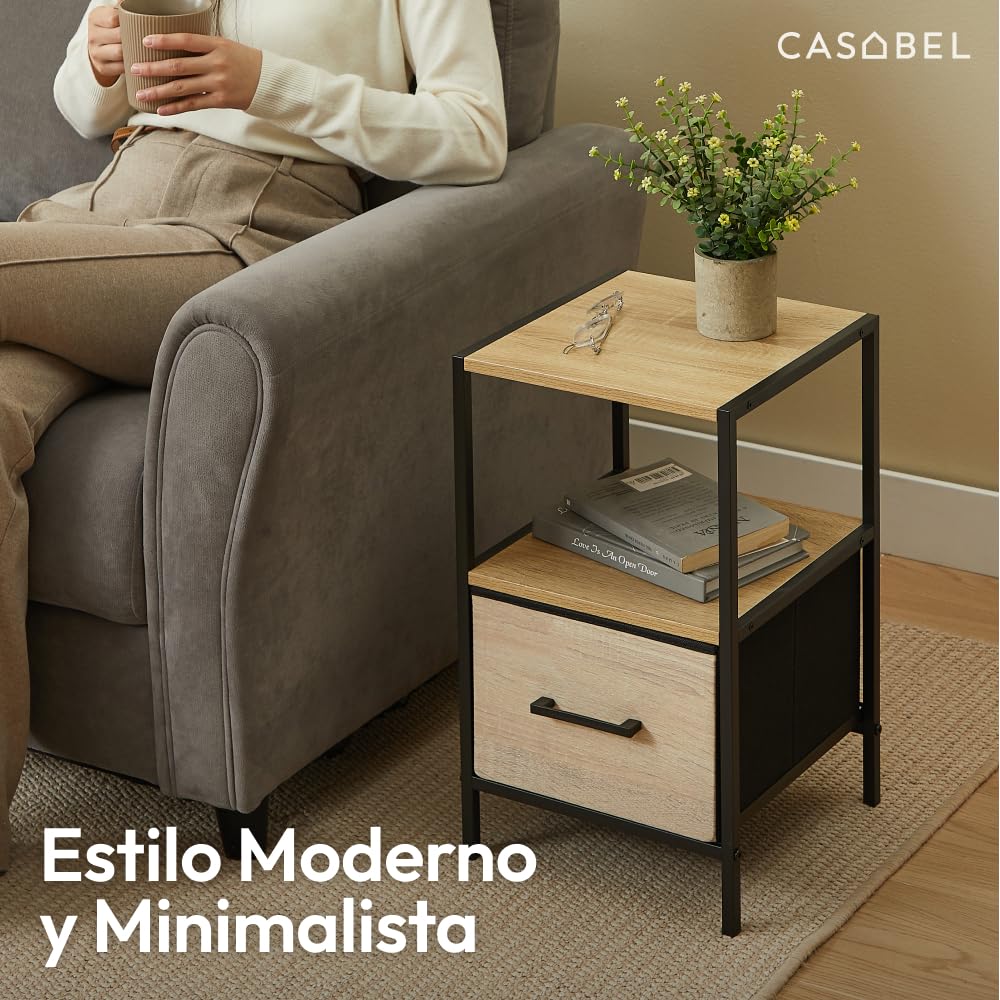 CASABEL Mesita de Noche con cajón de Tela rígida Efecto Madera, Tablero de Madera y Estructura metálica Negra 30x30x50 cm, mesilla de Noche para Dormitorio o Mesa Auxiliar de sofá