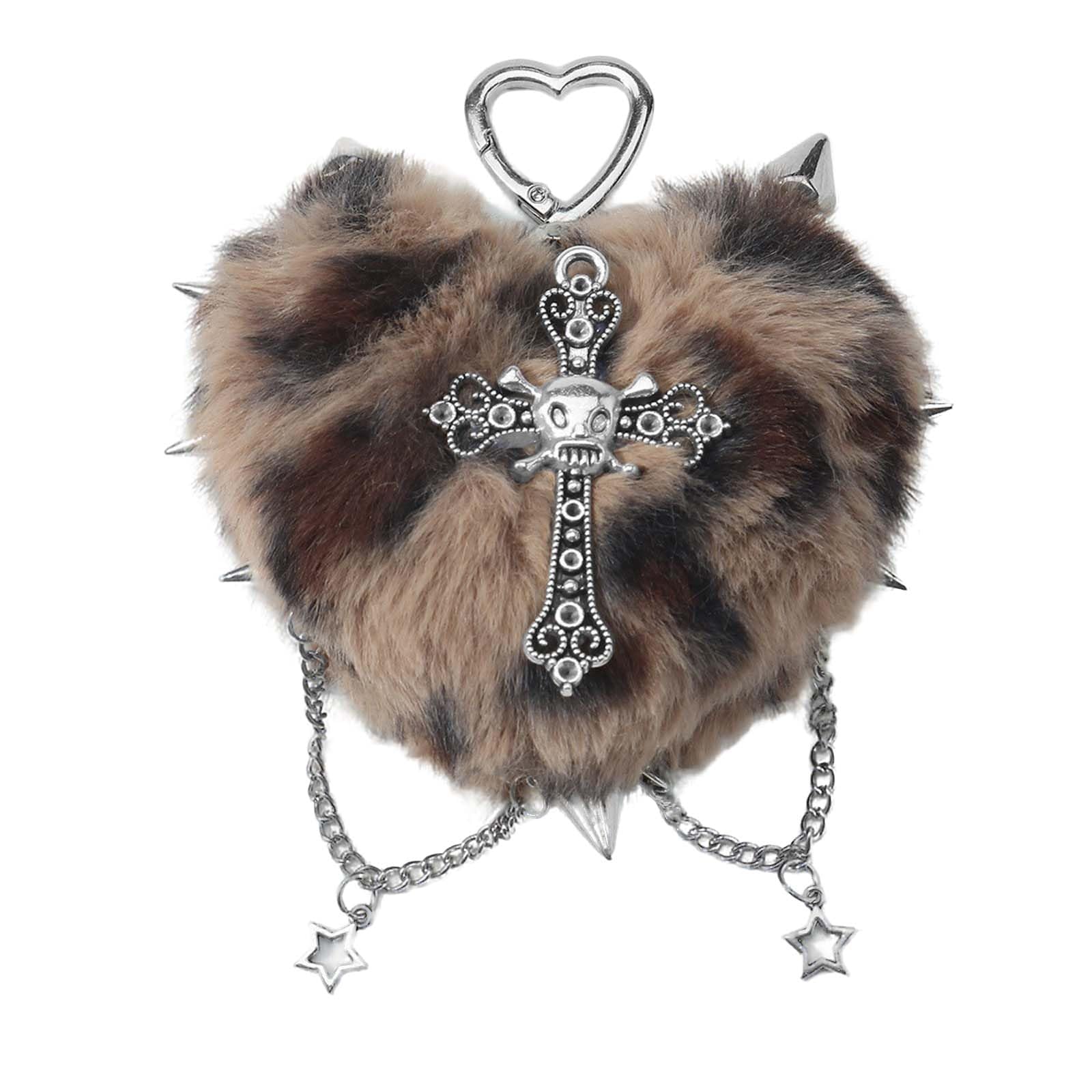Litwlly Women's Brown Leopard Print Bag Charm Plush Heart Pom Pom Backpack Charms Cute Fluffy Purse Charm Handbag Accessories For (Brown)