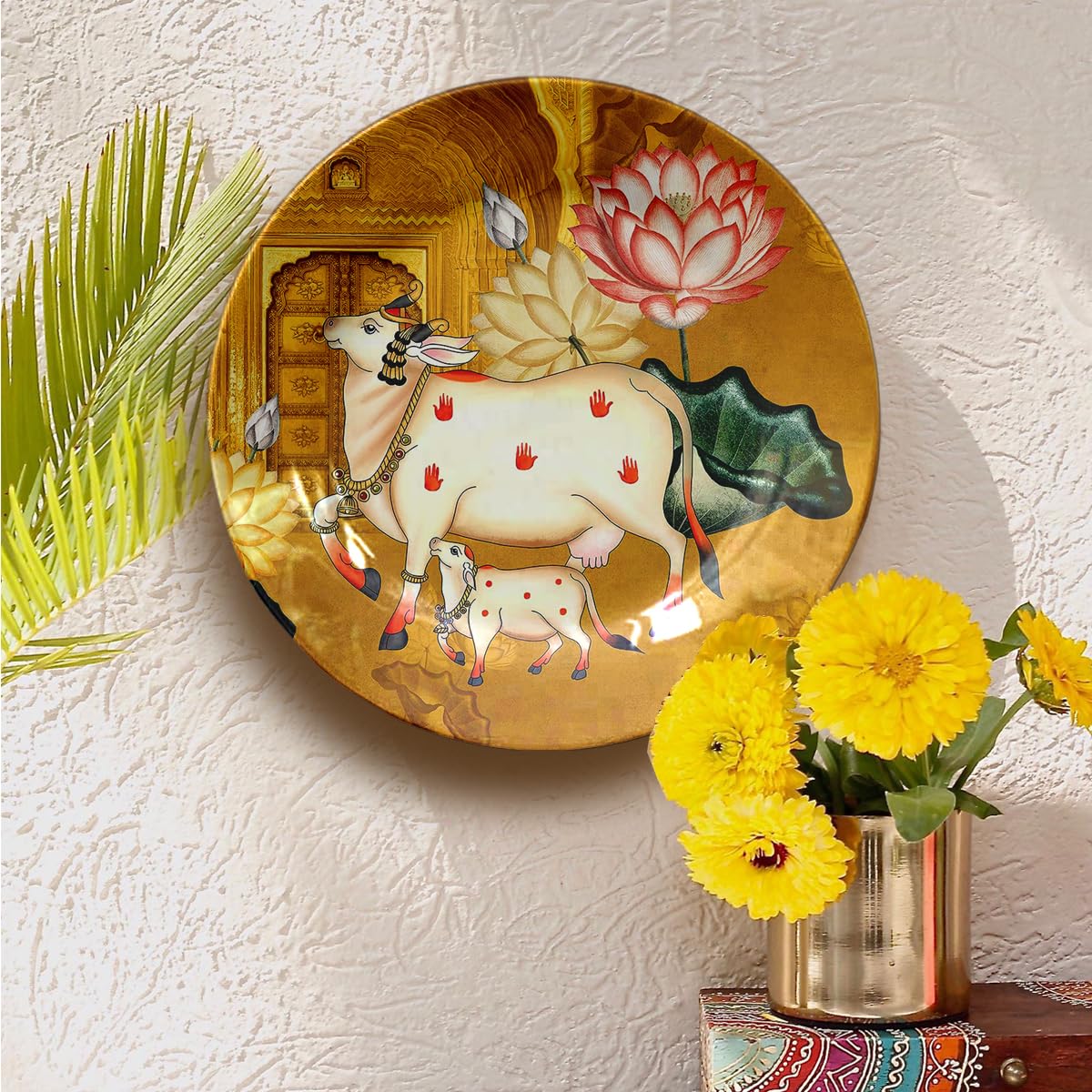 JIKRAA® Pichwai Cow with Calf Art Ceramic Designer Wall and Table Top Plate | 2-in-1 Use : Beautiful Wall Decor Hanging and Stylish Tabletop Display For Homes | Office | Restaurant | Size - 8 Inch