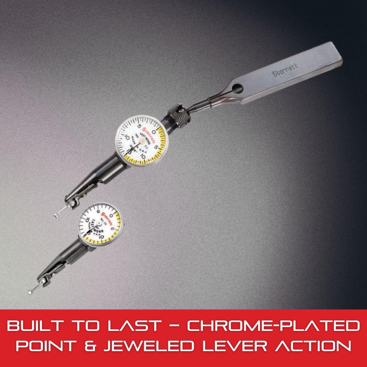 Starrett 711 Last Word Dial Test Indicator with All Attachments - White Half Shaded Face, .030" Range, 0-15-0 Dial Reading, .001" Graduation - 711GCSZ