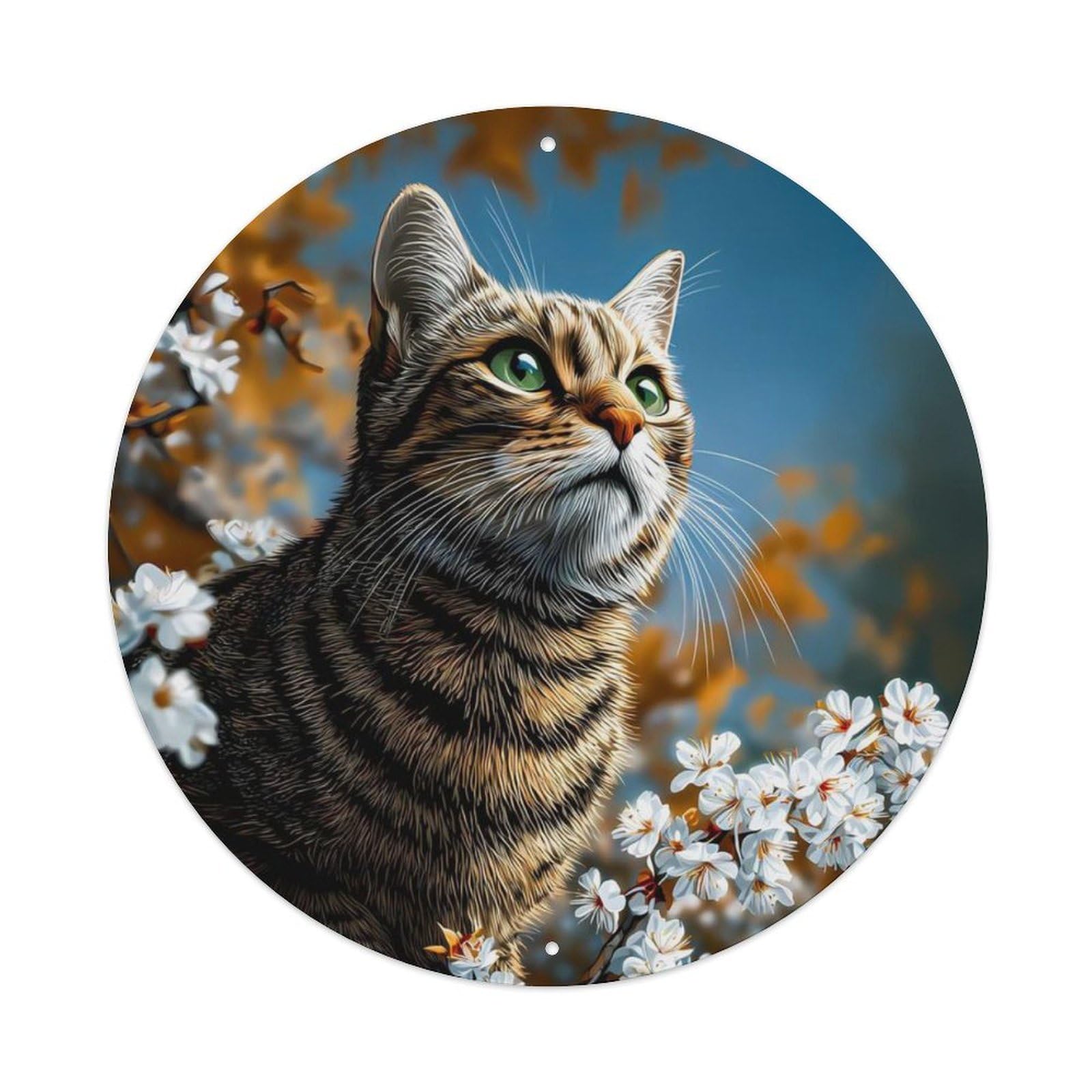 Animal Tabby Cat Cherry Blossom Spring Vintage Metal Tin Sign Plaque Wall Decor for Cafe, Club Bar, Office, Garden Metal Poster 8x8Inch