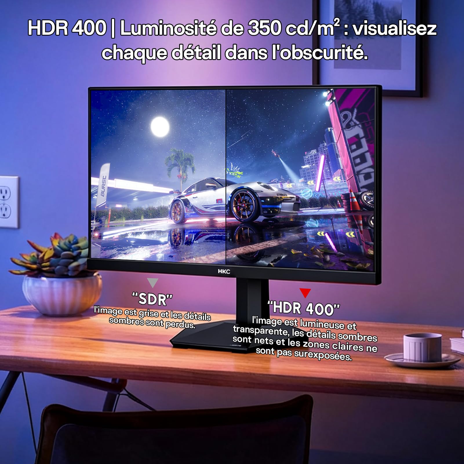 HKC 24-calowy monitor gier, Full HD (1920 × 1080), 240 Hz Fast IPS, 1ms, HDR400, 90% DCI-P3, do 260 Hz z możliwością podkręcenia, VESA 100 × 100, filtr niebieskiego światła, HDMI 2.0 i DisplayPort 1.4