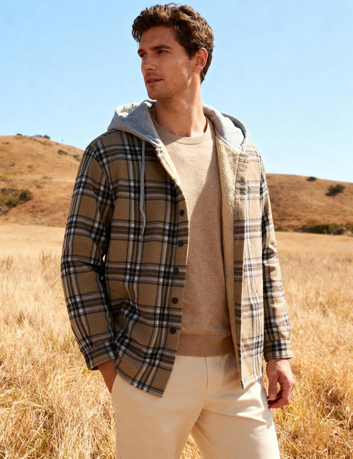 Flygo Flannel Shirt Jacket Men Fleece Hoodie Sherpa Lined Plaid Button Down Fall Winter Jackets with Hood - Image 2