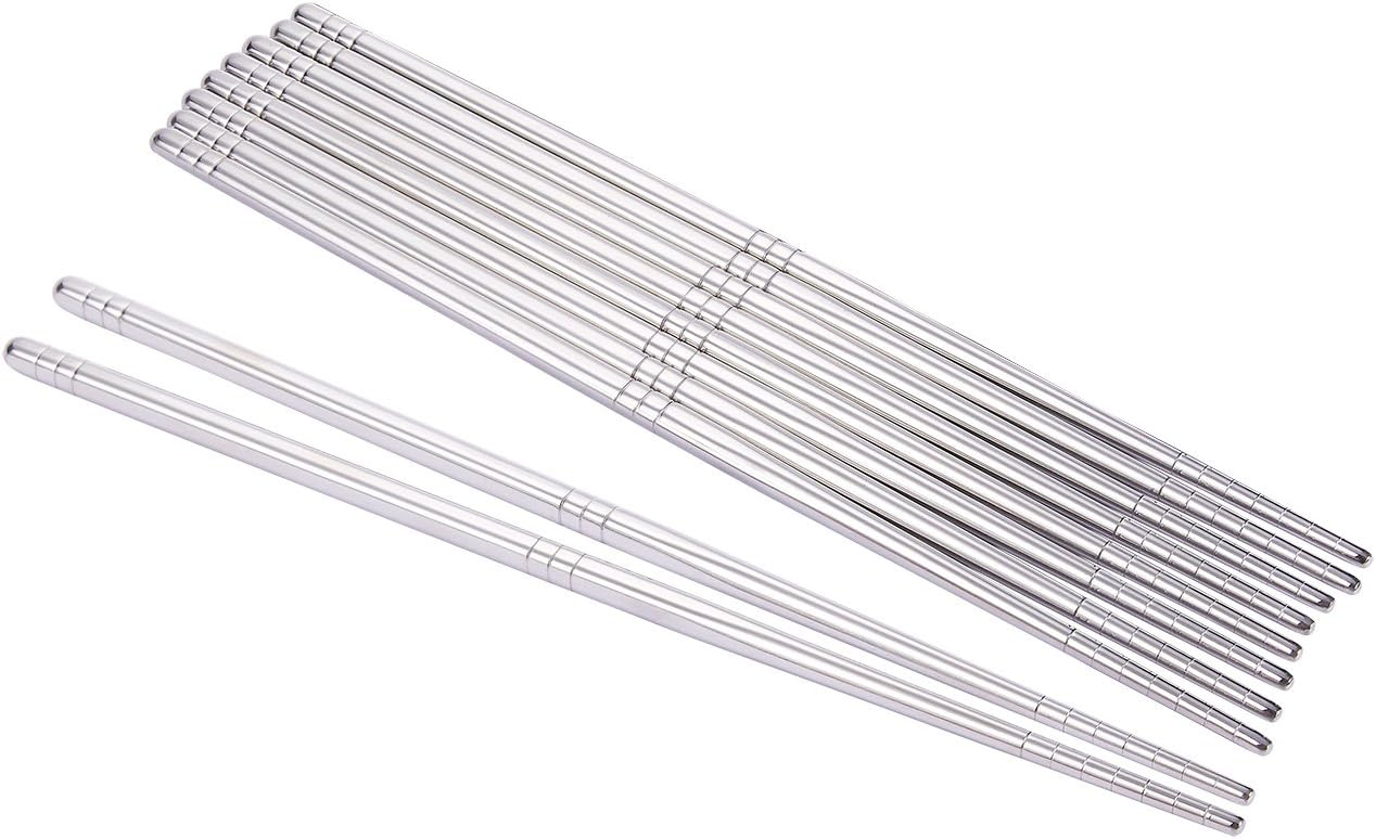 5 Pairs Stainless Steel Chopsticks – Reusable, Lightweight Metal Chopsticks, Traditional Chinese Chopstick Set for Asian Food, Kimchi, and Sushi, Stainless Steel 304, Silver, 9 x 0.19 x 0.19