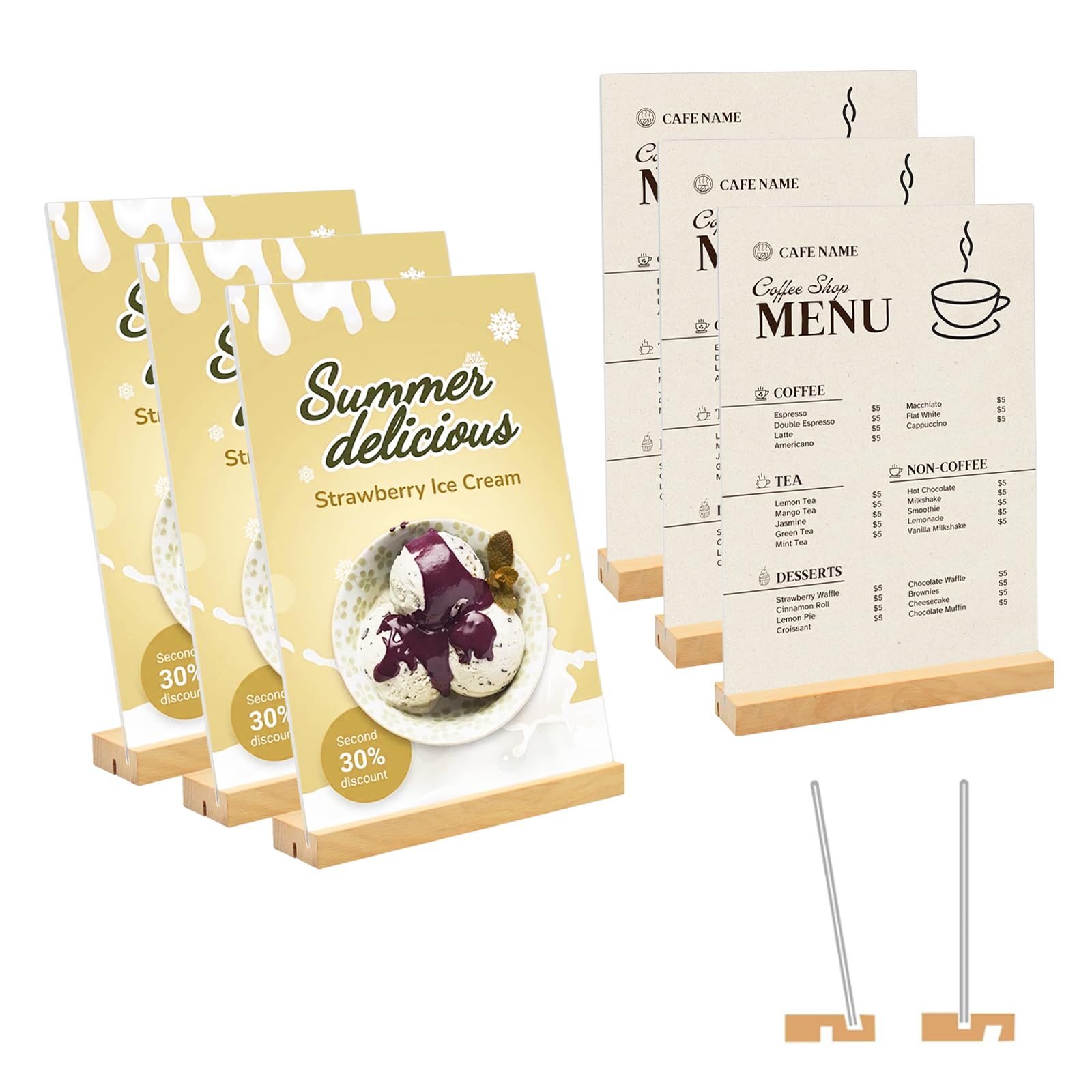 Lot de 6 Présentoirs de Table A5, L/T Forme Plaque en Acrylique A5 Support Affiche, Double Face Porte-menu avec Base en Bois, Porte-feuille pour Exposition Café Bureau école-15*21CM