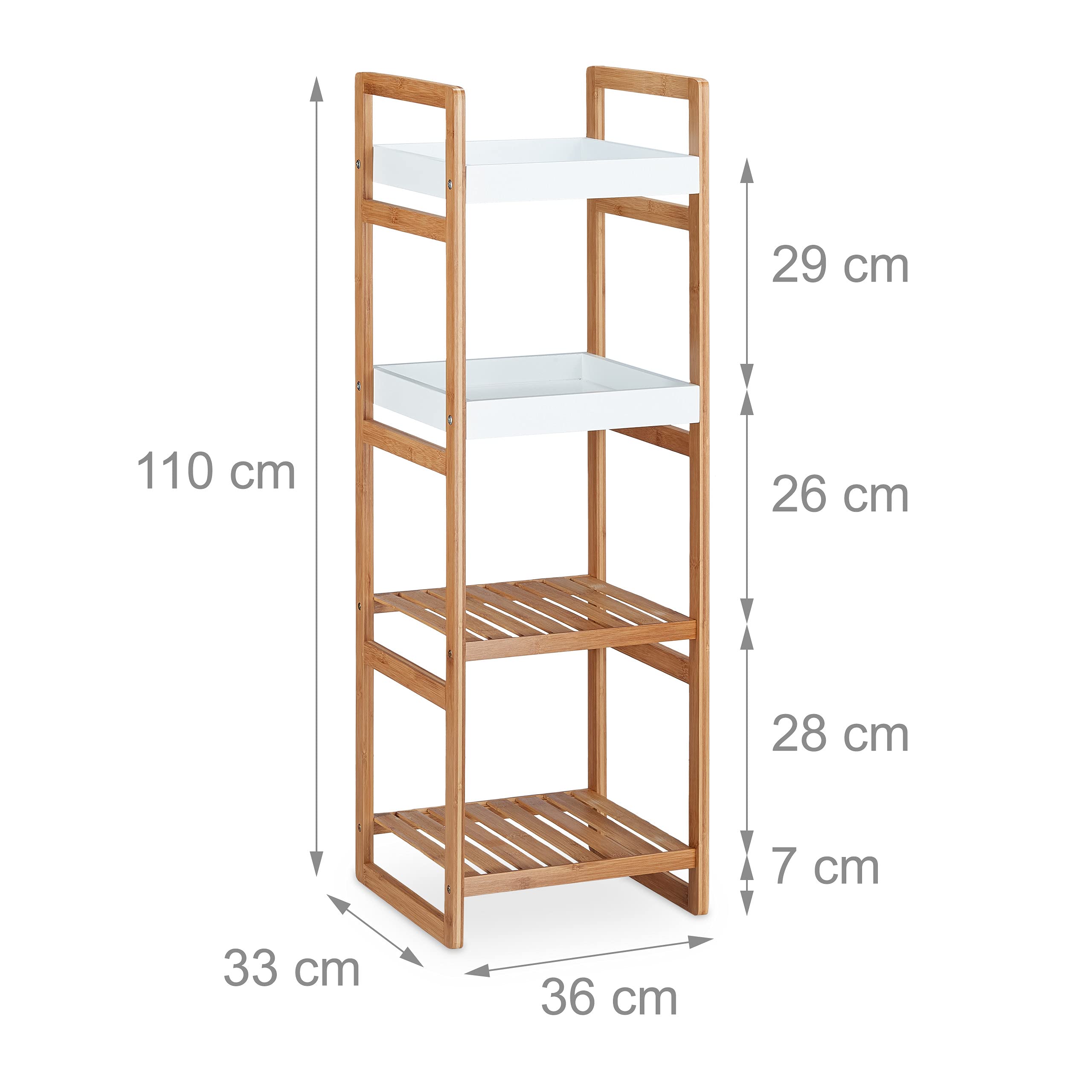 Relaxdays Scaffale Bagno, 4 Mensole, Design Aperto in bambù, Libreria, Cucina, HLP: 110x36x33 cm, Aspetto Legno/Bianco