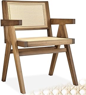 TecTake® Chaise de Salle à Manger Design en Chêne Bois Massif & Cannage Chaise de Table à Manger avec Accoudoirs Confortable pour Coiffeuse, Chambre, Cuisine, Bureau, Cabinet, Dressing