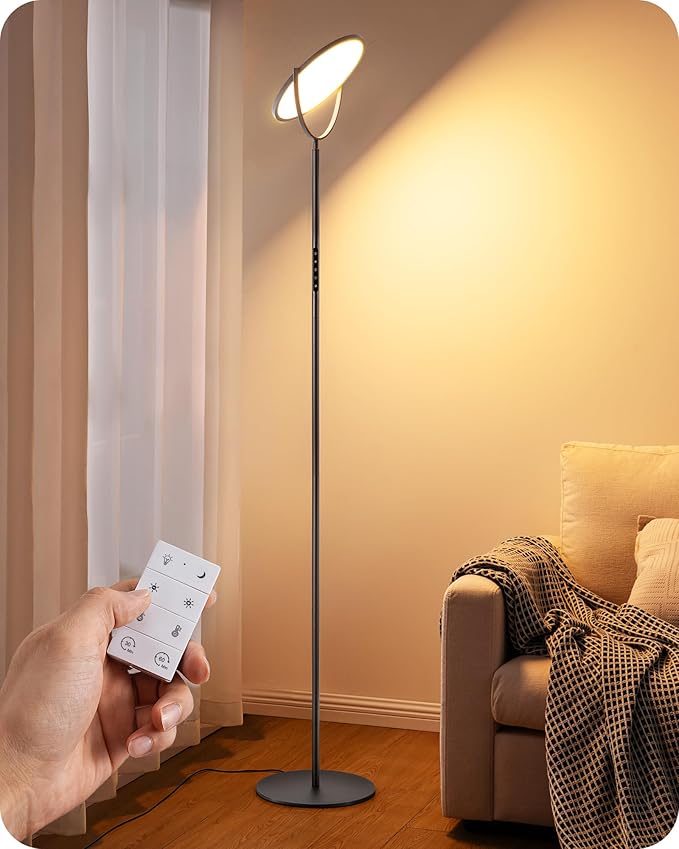 EDISHINE EDISHINE 76" Tall Floor Lamp, 28W 2500LM Bright LED Lights for Living Room, 300° Flexible Head Reading Lamps with Remote, 2700K-6500K Dimmable Minimalist Torchiere Corner Lamp for Bedroom Office Black