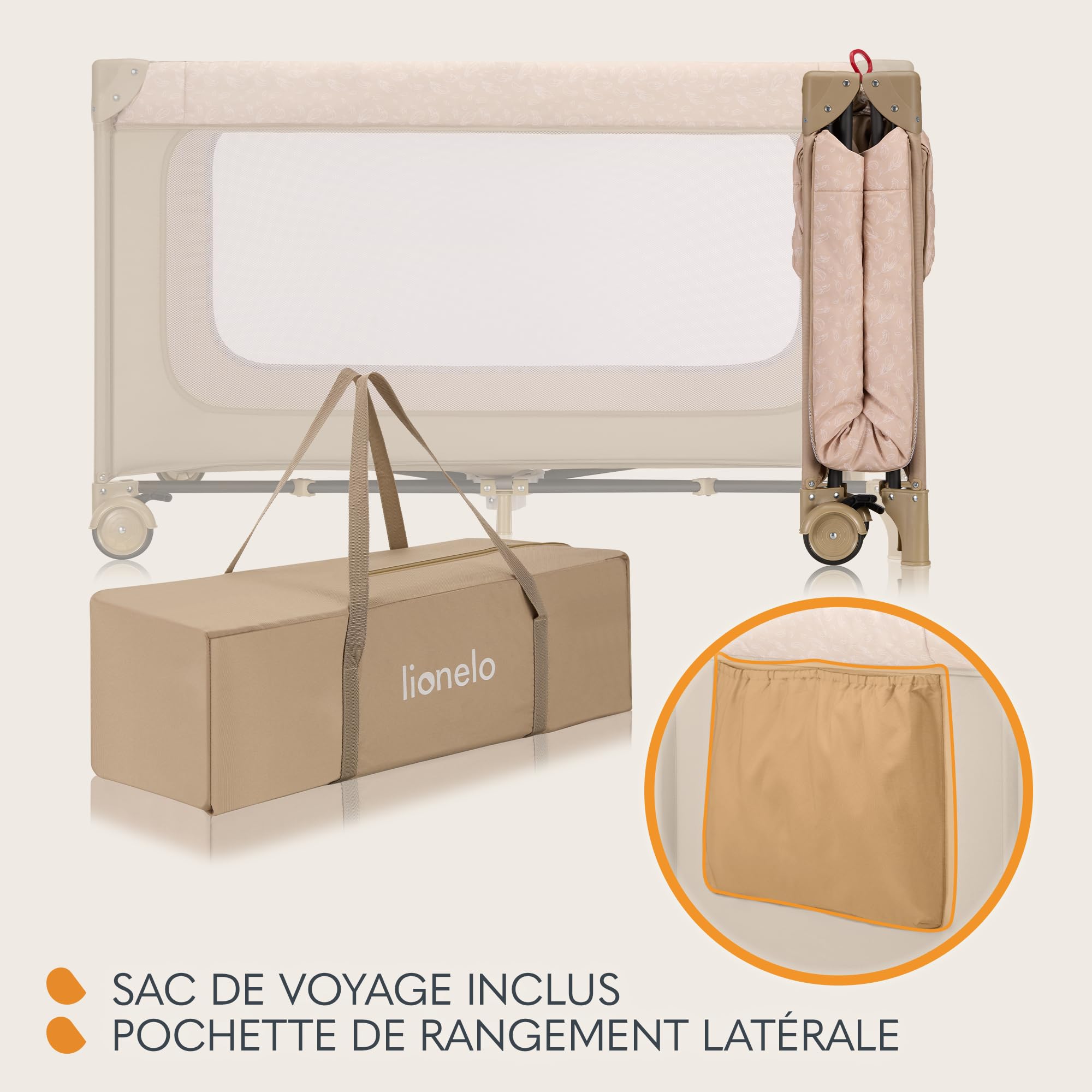 lionelo Jasmin Easy FoldLit de Voyage pour Enfants jusqu'à 15 kg de 0 à 36 Mois Matelas Mousse T25, 2 hauteurs, Facile à Plier Easy Fold, Accès latéral, roulettes