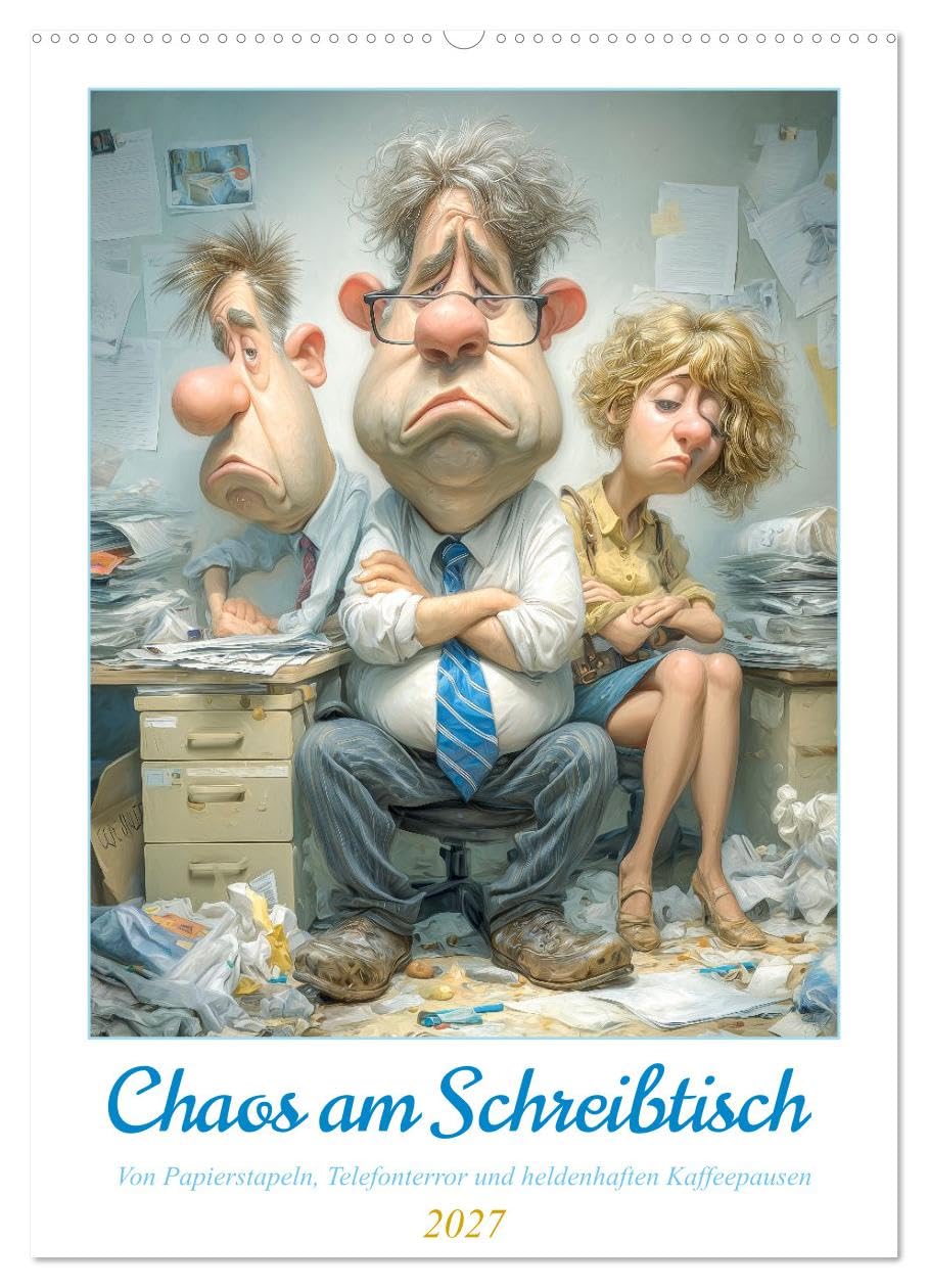 CALVENDO - Chaos am Schreibtisch (Wandkalender 2027 DIN A2 hoch), Monatskalender: Willkommen im Büro-Dschungel, wo Kaffeeflecken neben To-do-Listen wohnen und der Tacker grundsätzlich dann streikt, we