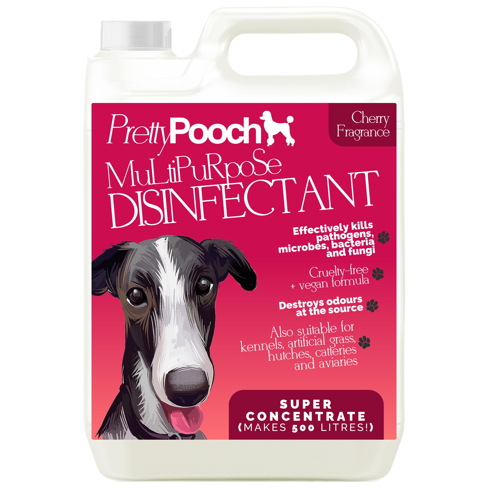 Pretty Pooch Multipurpose Disinfectant - Cleaner, Sanitiser, Deodoriser - Concentrated Formula - For Use in Kennels, Catteries, Hatches - Cruelty Free Formula - 1 x 5L (Cherry)