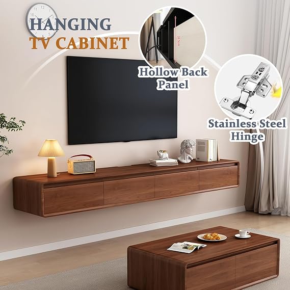 Floating TV Unit,160-240CM Wall Mounted TV Cabinet, Wall Mounted TV Stand With Flip-Down Doors & Drawers, Modern TV Media Console Center Large Storage TV Bench(BrownC,160cm)