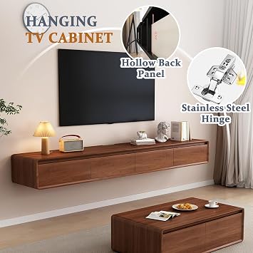 Floating TV Unit,160-240CM Wall Mounted TV Cabinet, Wall Mounted TV Stand With Flip-Down Doors & Drawers, Modern TV Media Console Center Large Storage TV Bench(BrownC,160cm)