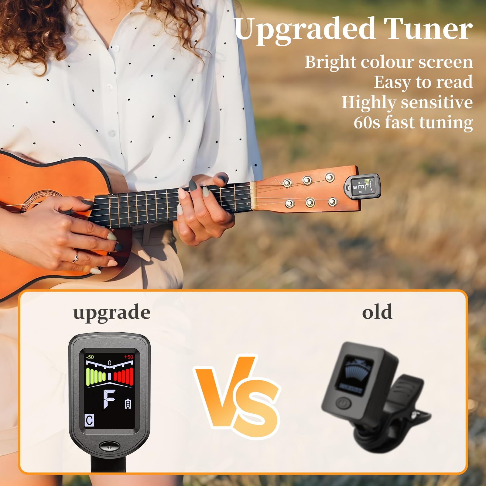 New Bee Clip-On Guitar Tuner Rechargeable with Color Screen 360° Rotatable Chromatic Tuner for Guitar, Bass, Ukulele, Violin