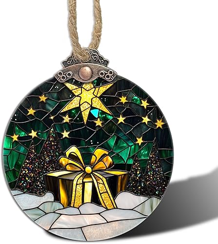 Miniatura 14 de Decoraciones navideñas de vitrales, colgante de campana pequeña para ventana, árbol de Navidad, adornos colgantes retro verde atrapasoles de Verde